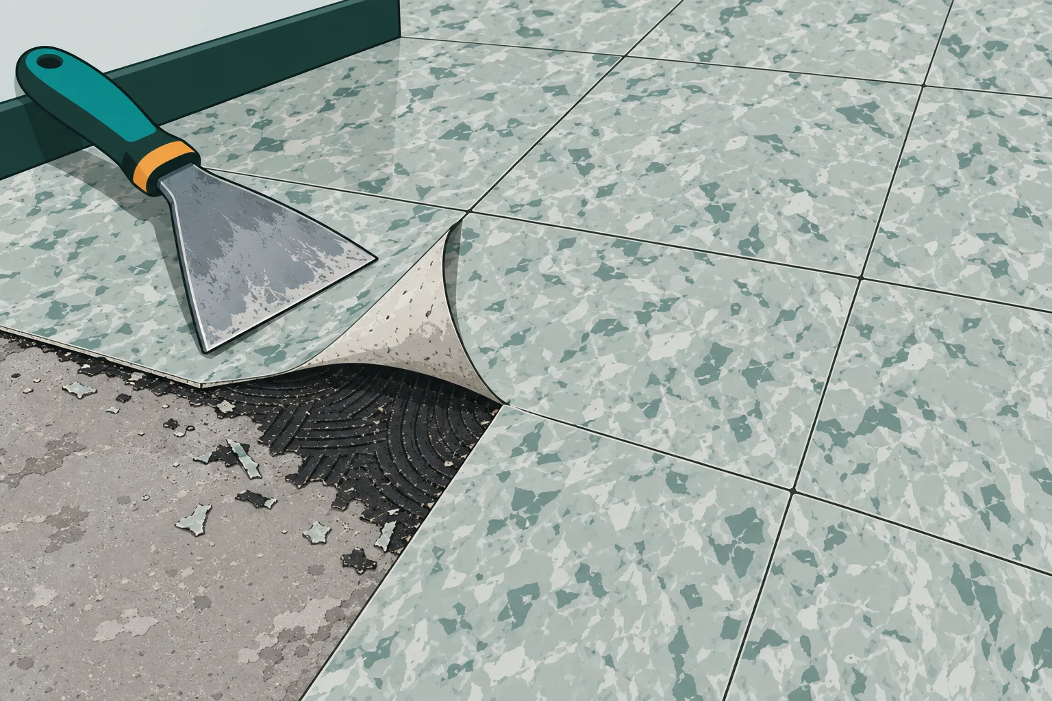 Illustration: angehobene Floor-Flex-Platte mit schwarzem Kleber darunter