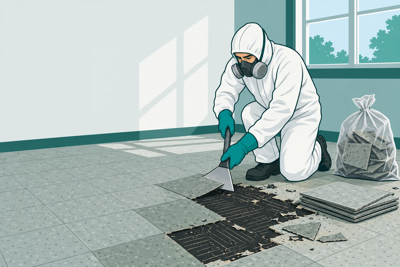 Illustration: Sanierer im Schutzanzug löst Floor-Flex-Platten, darunter schwarzer Asbestkleber